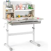 Costzon Kids Study Desk, Height Adjustable Children School Desk with Storage, Tilt Desktop, Pen Holder &amp; Scale Ruler, Student Computer Desk Writing Table for Home School Use, Desk for Kids (Grey)