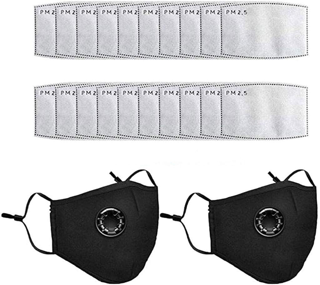 2 Pack Face & Mouth Covers with Breath Valve, 20 Pcs PM2.5 Activated Carbon Filter Anti Pollution Reusable Dust Mask for Cycling Running Walking, Women Black