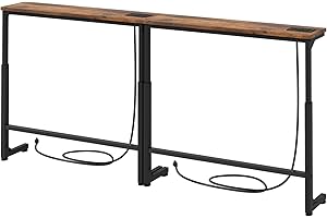 Kitstorack Behind Couch Table, Adjustable Height (4 Levels), Long Narrow Console Table with Power Strip (2 AC, USB & USB-C) &
