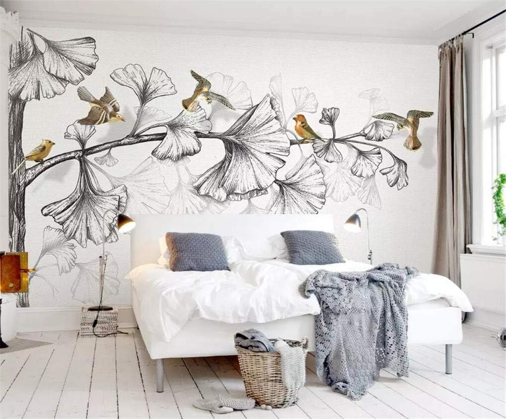 Papiers Peints Papier Peint 3d Ginkgo Croquis Noir Et Blanc De Loiseau En Vol Intisse Trompe Loeil Mural Decoration Murale Salon Moderne Bricolage Mariannadellekamp Com