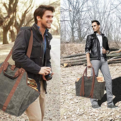 GERYMU Firewood Carrier Canvas Tote Bag with Pocket, Fireplace Tools Wood Rack Waterproof, Fire Pit Log Accessories Double Handle (Dark Green)