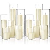 Shihanee Set of 12 Pillar Candles and Glass Cylinder Vases Assorted Sizes Clear Cylinder Holders for Pillar Candles Home Table Centerpieces Wedding Party Decorations (Multiple Sizes,Ivory)