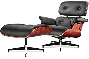 ENZEES Top Black Grain Leather, Mid Century Chaise Lounge Chair and Ottoman, Modern Chair Classic Design, Red Rosewood, Heavy Duty Base Support for Living Room Study Lounge Office