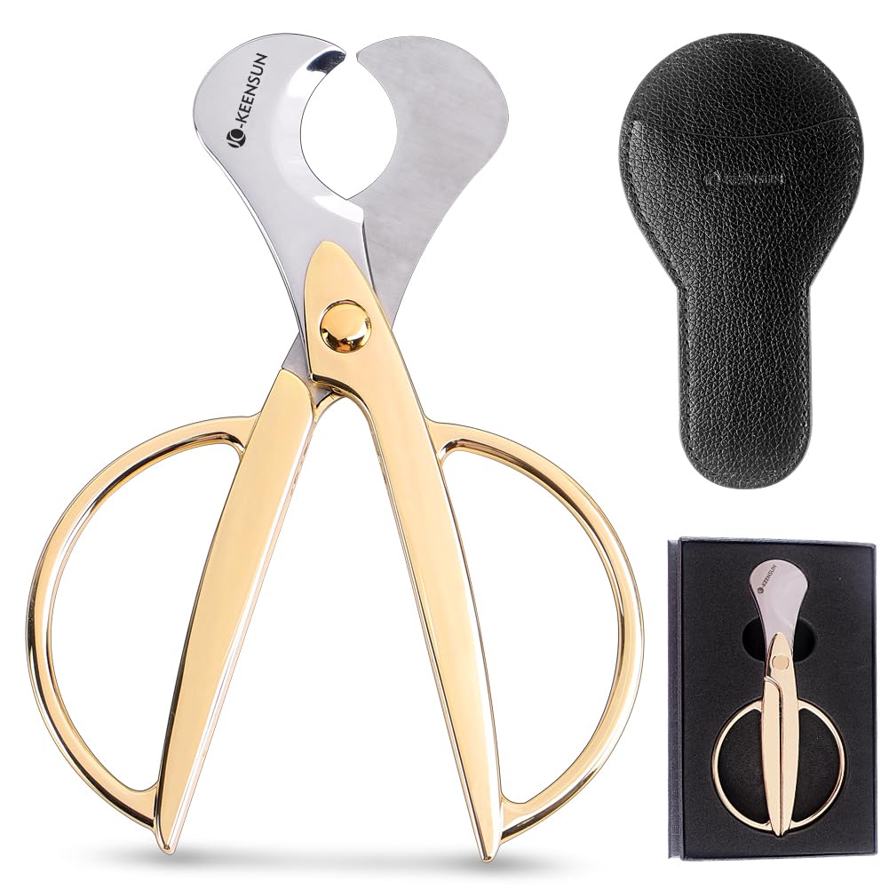KEENSUN Cigar Scissors Cutter, Stainless Steel Guillotine Double Blade Straight Cut Scissors (Gold) with Leather Case Cigar Accessories for Cigars (2.75" Handle Width)