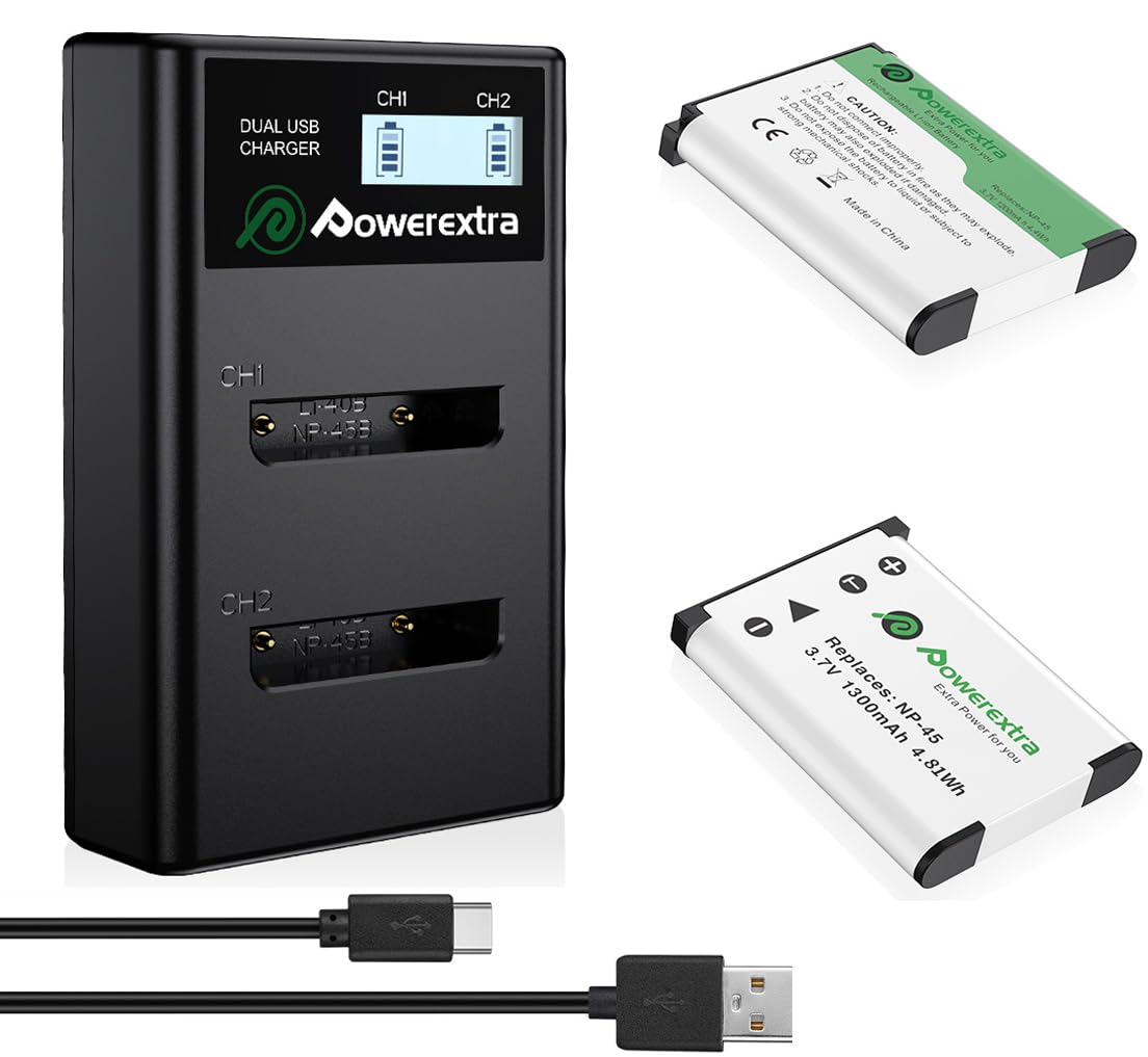 Powerextra NP-45 NP-45A NP-45S Li-40B EN-EL10 Battery (2x1300mAh) and Dual LCD Charger - for Fujifilm INSTAX Mini 90 Olympus Li-42B Nikon EN-EL10 and FinePix XP50/60/70/80/90/120/130/140