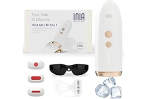 INIA Laser Hair Removal for Women and Men, Permanent Long-lasting Hair Root Elimination for Body and Face, INIA MOOD Pro Ice-cooling Hair Remover Device with 3 Extra Caps, Razors and Pouch.