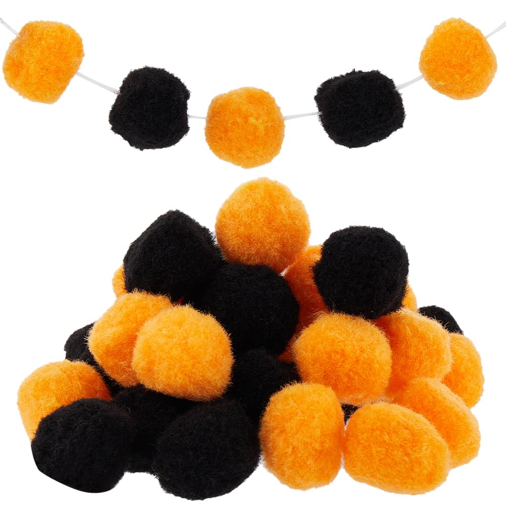 SUNNYCLUE 1 Box 100Pcs 30mm Halloween Pom Poms Puff Balls Large Pom Pom Yarn Metallic Cord Soft Fluffy Holiday Assorted Orange Black Color Pompoms Ball Bulk for Diy Creative Crafts Decoration Supplies