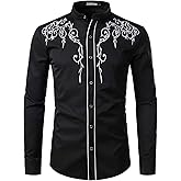 ZEROYAA Men's Western Stylish Band Collar Dress Shirts Embroidery Slim Fit Long Sleeve Mandarin Collar Shirt