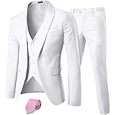 FancyFir Men's 3 Pieces Suit, Solid Slim Fit One Button Blazer Set, Jacket Vest Pants with Tie for Wedding Party Business