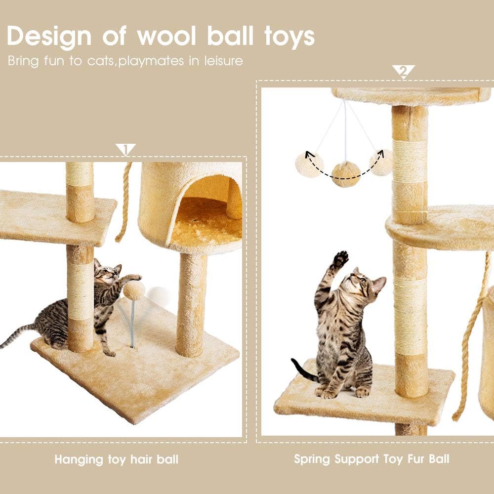 Cat Tree Condo Multi-Level Cat Tower with Sisal Scratching Posts, Cat Scratching Furniture Plush Perches Kitten Activity Tower Kitty Play House, Beige : Pet Supplies
