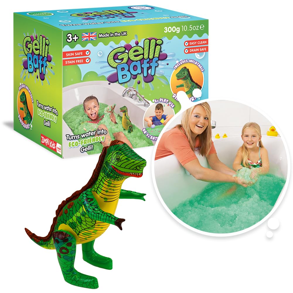 ZIMPLI - Gelli Baff Green with Inflatable Dinosaur, 1 Bath or 6 Play Uses, Magically turns water into thick, colourful goo, Dino Toys for Boys