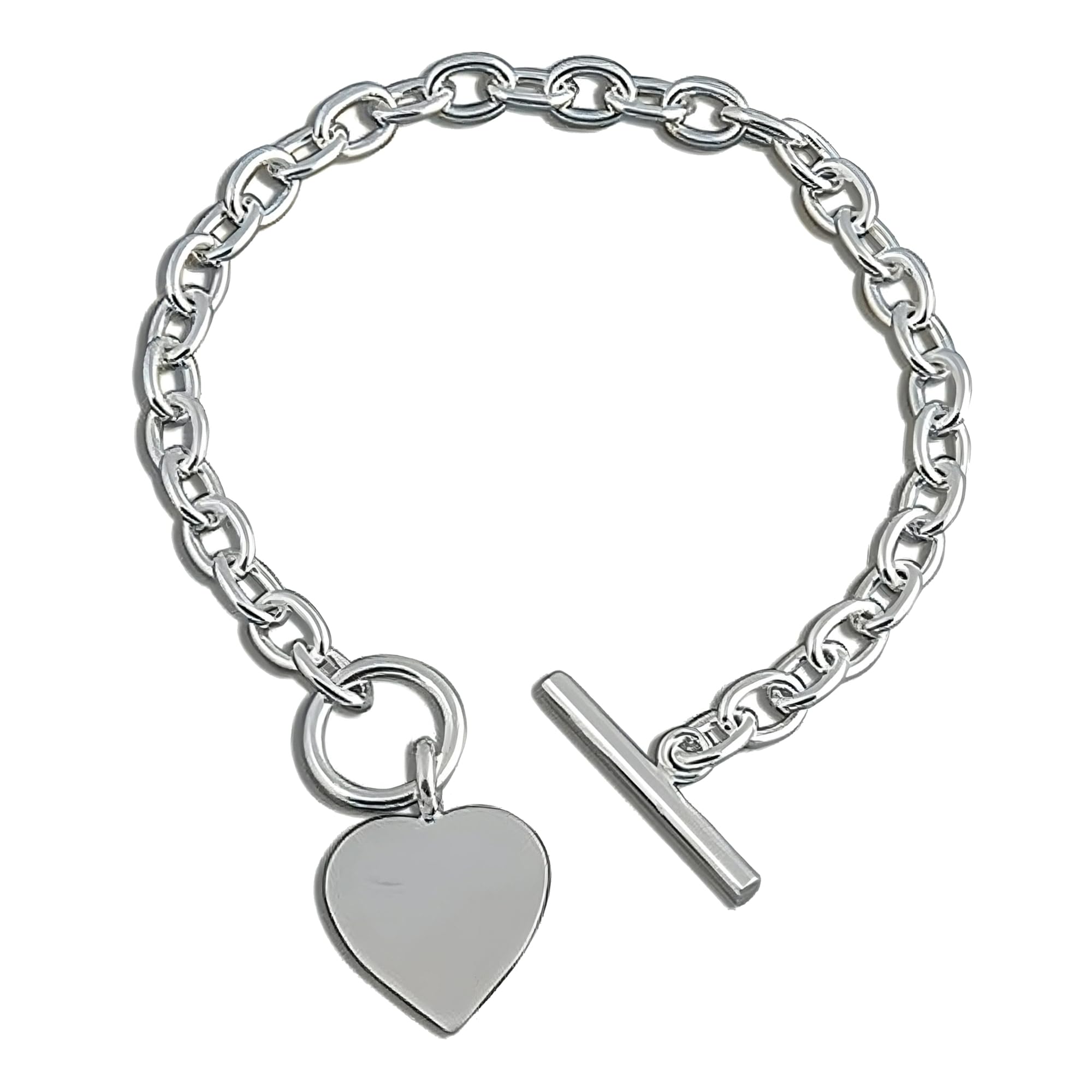 Designer Inspirations Boutique 8" Inch Heart Charm Tag Sterling Silver Bracelet with Toggle Clasp for Women/Teenager/Girls - Chunky Belcher Link Bracelet with Heart Tag - 8 Inch/20cm - Engravable