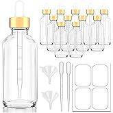 Bumobum Dropper Bottles 4oz, 12 Pack Clear Glass Eye Dropper Bottle for Essential Oils with Labels and Funnels, Tincture Bottles with Golden Top (Unbreakable Plastic Dropper with Measurements)