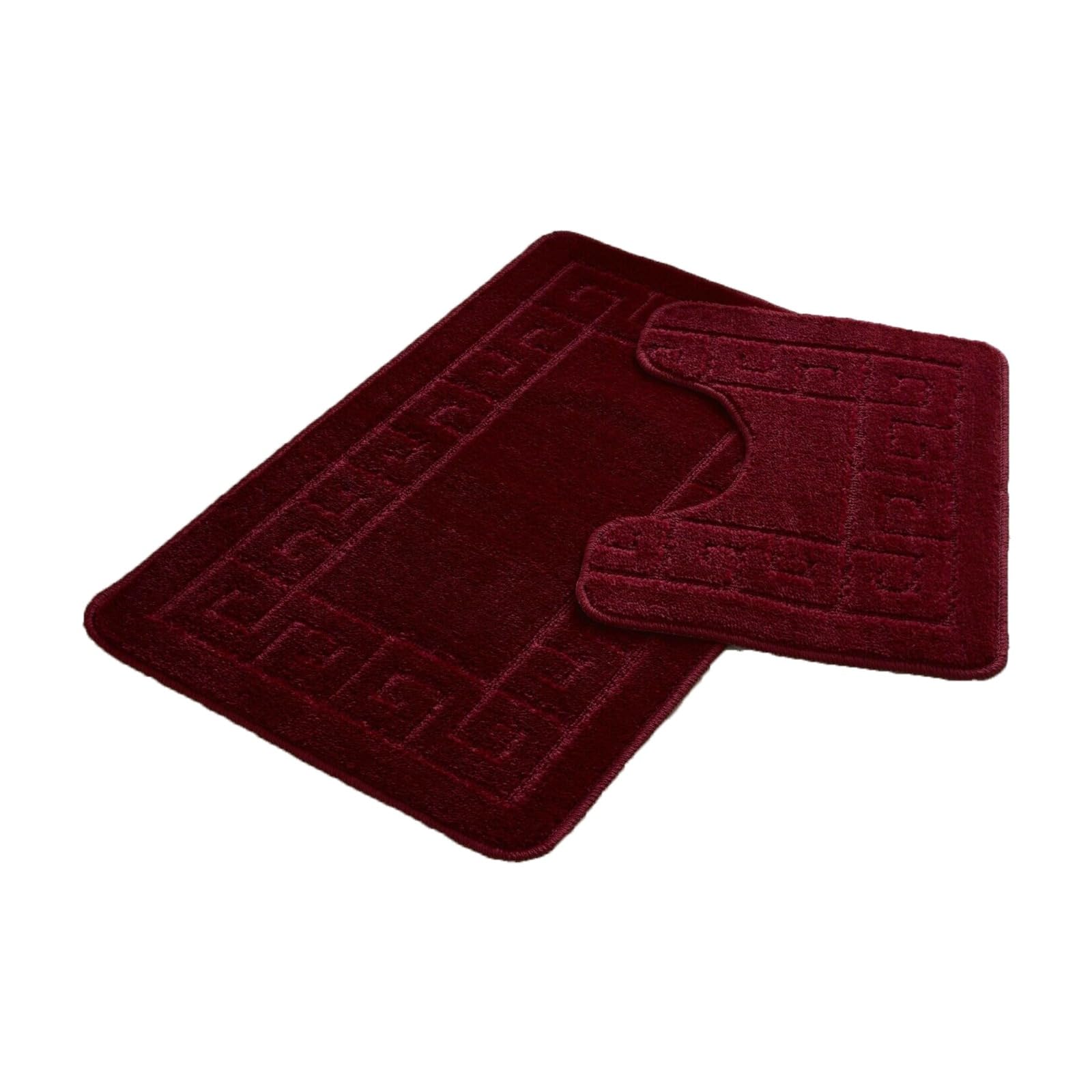 FAIRWAYUK Bathroom Mats Sets 2 Pieces, Ultra Plush Greek Pattern Bath Toilet Mat Anti Slip Pedestal Set, Extra Absorbent 100% Polypropylene Rug, Bathroom Accessory (Burgundy)