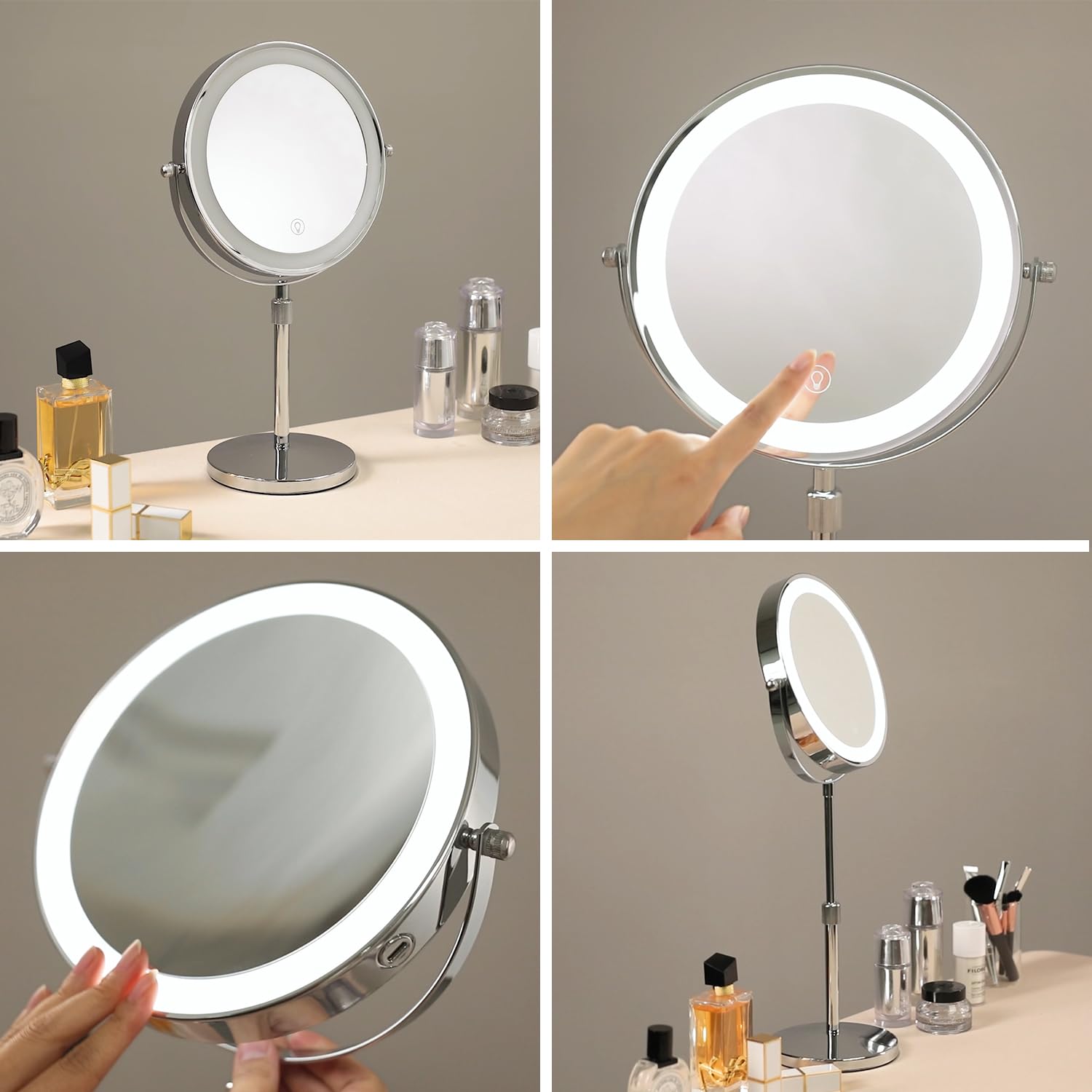 Lighted Makeup Mirror with Magnification, Rechargeable Lighted Mirror, Three Color Lighting Modes, Height Adjustable, 1x/10x 360° Rotation Touch Screen Vanity Mirror (8in. Silver)