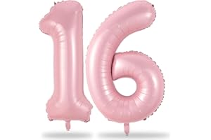 LINGQIANG Pastel Pink 16th Birthday Balloons for Girls, 40 Inch Mylar Self Inflating 16 Balloon Number, Big Foil 1 & 6 Helium Number 16 Balloon for Women Birthday Party Decorations Anniversary Decor Supplies