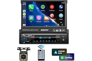 Naifay Single Din Touchscreen Car Stereo with Carplay & Android Auto, 7inch Flip Out Screen Car Stereo with Bluetooth Car Audio Receivers, Backup Camera, FM Radio/Mirror Link/USB/AUX/TF/Subwoofer