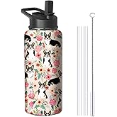 32oz Corgi Water Bottle with Handle and Flip Straw, Dog Animal Sports Stainless Steel Insulated Cup Travel Coffee Mug Tumbler, Birthday Mothers Day Chritmas Gifts for Women