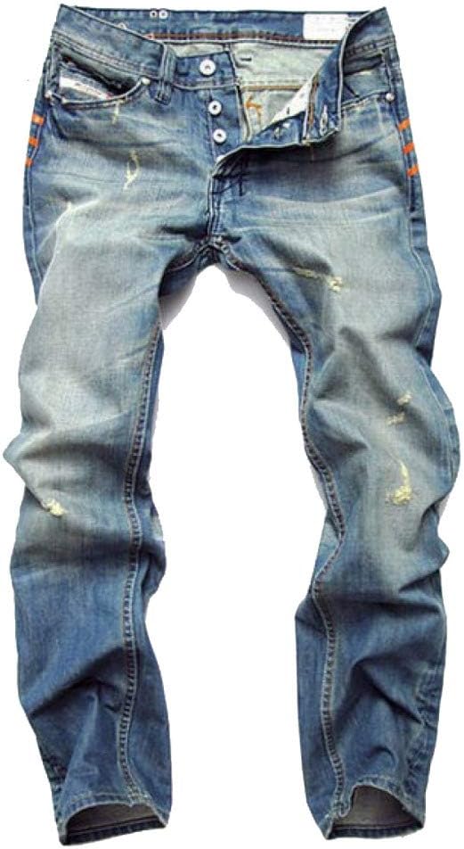 YRHDC Men's Holes Nostalgic Jeans Straight Casual Slim Fit Skinny Cotton Denim Trousers Pants