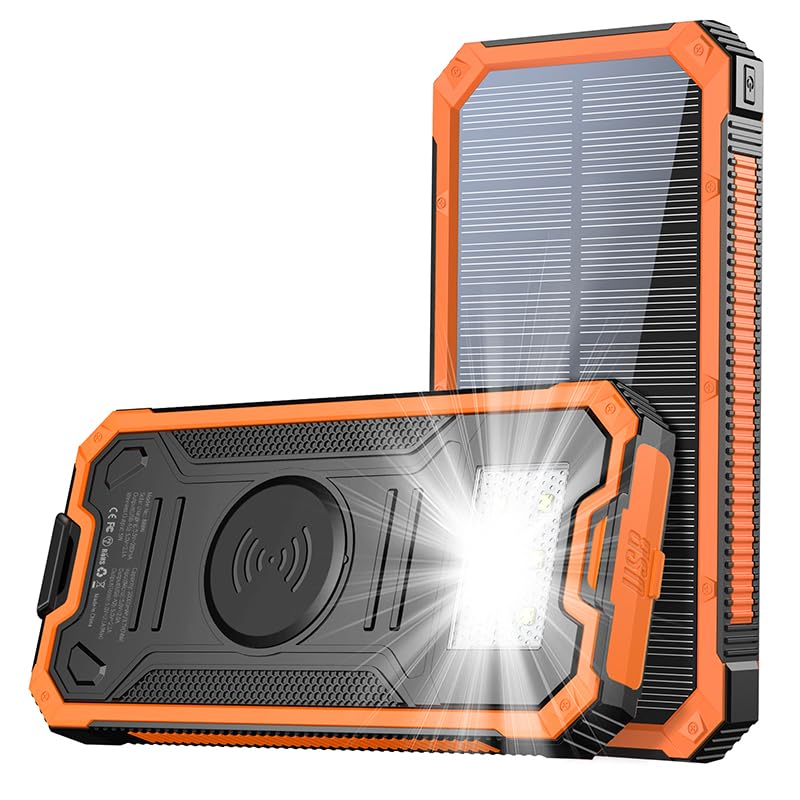 Teilybao Solar Charger Power Bank, 20,000mAh Portable Wireless Charger with USB C Input/Output for Cell Phones, External Battery Pack with Dual Flashlight for CampingTeilybao