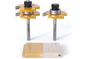 REKCKRUL 2 PCS Tongue and Groove Router Bit Set, 1/4 Inch Shank, 3 Teeth Adjustable T-Shape Wood Milling Cutter for Cabinets,