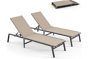 Vexwalx Pool Lounge Chairs Set of 2, Foldable Aluminum Chaise Lounge Outdoor with 5 Positions Recliner - Free Assembly - Patio Chaise Lounge Chair for Poolside, Beach, Yard (Khaki, 2 Pack)