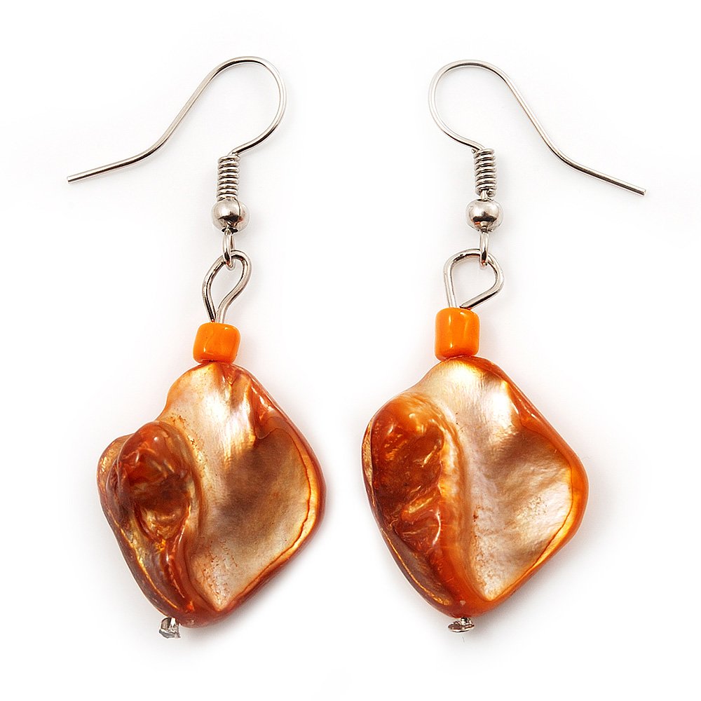 Orange Shell Bead Drop Earrings/Silver Tone Hook/ 4cm L