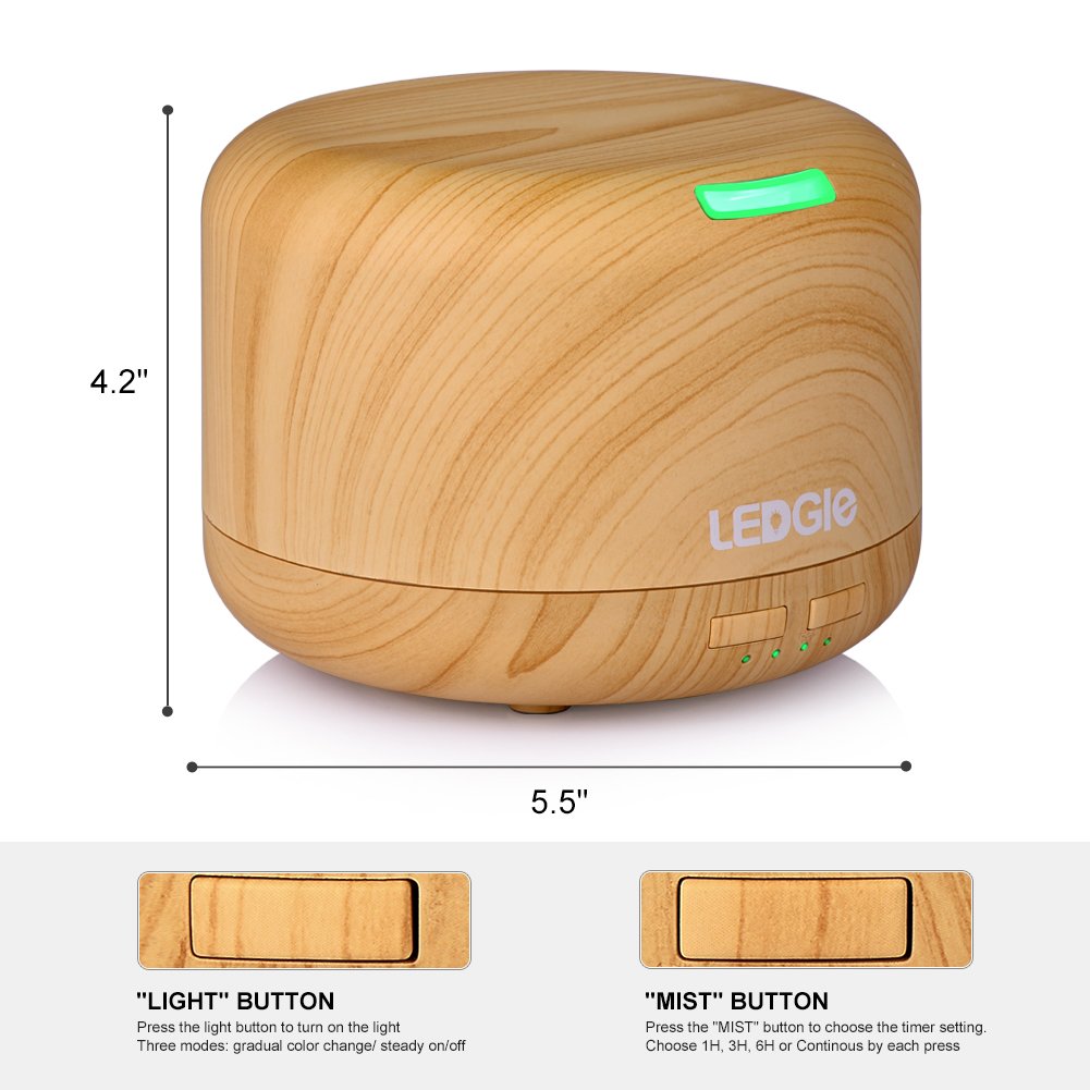 Ledgle Wood Grain Essential Oil Aroma Diffuser Whisper Quiet Cool Mist Air Purifier Ultrasonic Humidifier with 7 Color LED Lights Changing and 4 Timer Settings, Waterless Auto Shut-off - 400ml …