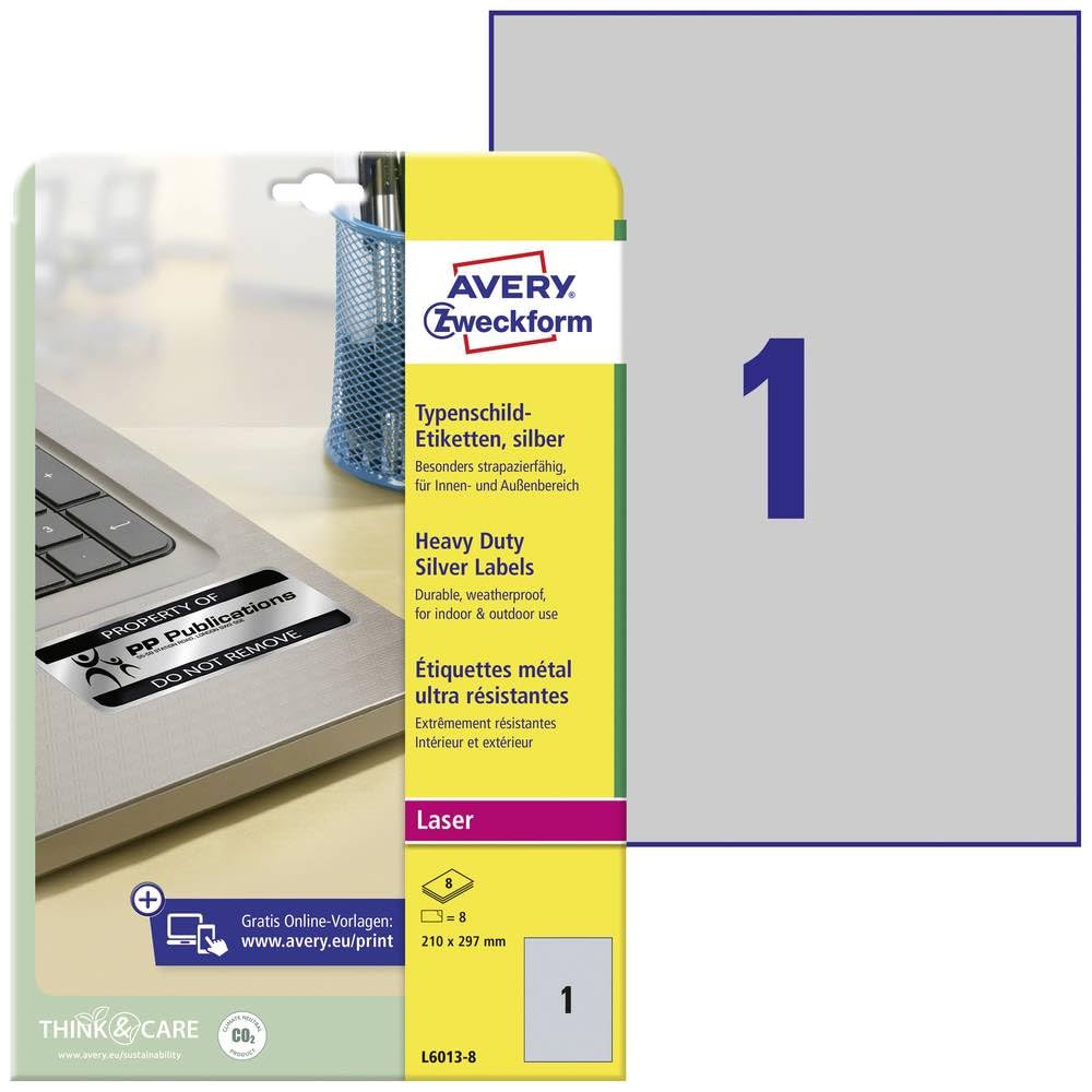 AVERY Zweckform L6013-8 Name Plate Film Labels (8 Stickers, 210 x 297 mm on A4, Strong Self-Adhesive, Durable, Weatherproof, Printable Adhesive Film, Blank) 8 Sheets, Silver