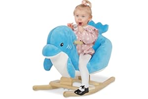 Kinsuite Rocking Horse Rocker - Animals Ride-On Toy, Plush Wooden Rocker with Nursery Rhyme Seat Belts, Dolphin