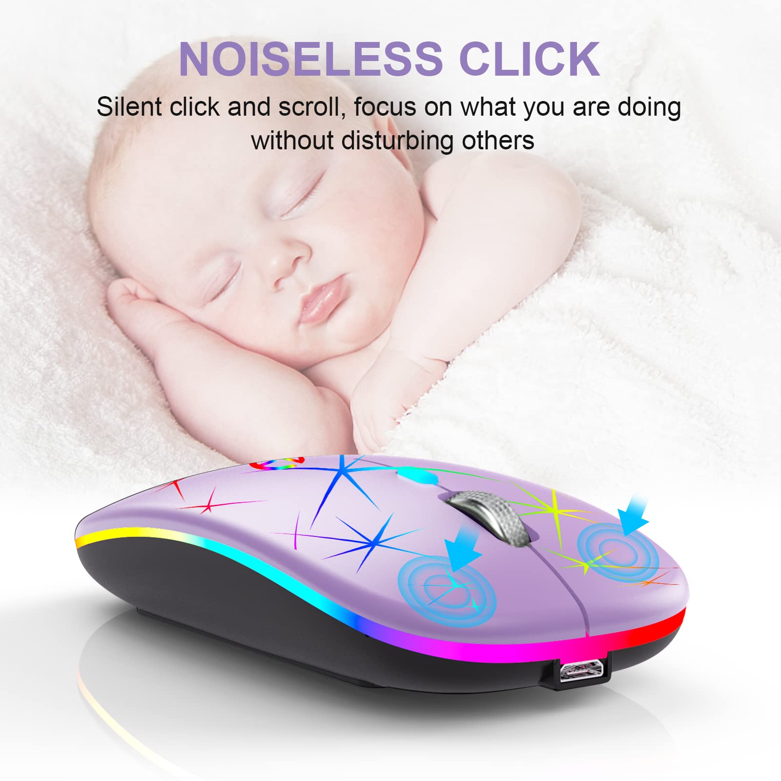 TaIYanG Wireless Mouse, 2.4G Portable Optical Quiet RGB Mouse with USB Receiver and Type C Adapter, 3 Adjustable DPI Levels, Wireless Computer Mouse for Laptop, Computer, PC, MacBook, Desktop