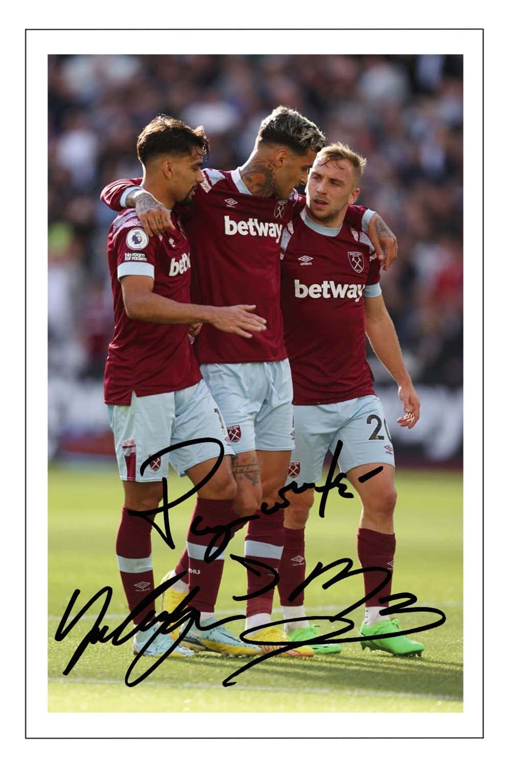 Lucas Paqueta, Gianluca Scamacca & Jarrod Bowen - West Ham Signed 12x8 Inch Photo Print With Pre Printed Signature Autograph Gift