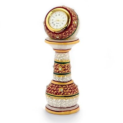 Pooja Creation Marble Gold Painted Meenakari Pillar Clock - (2x2x6-inch, White)