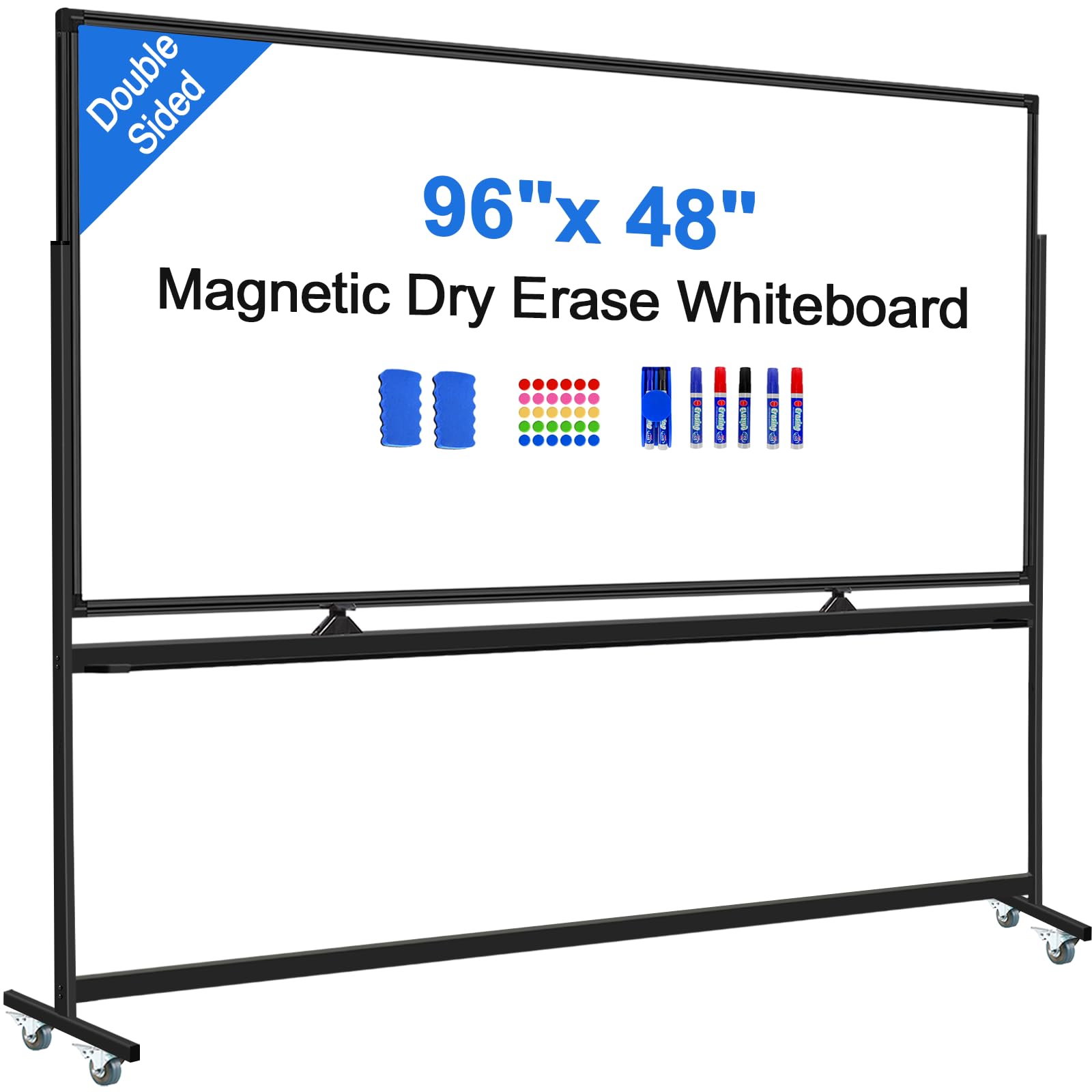 Photo 1 of **DENT**Max-officoo 4'x8' Large Dry Erase White Board with Rolling Stand 96"x48" Double-Sided Mobile Magnetic Whiteboard on Wheels, Including 3 Magnetic Erasers, 7 Markers, 30 Magnets