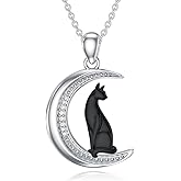 LWXIE Diamond Black Cat Necklace for Women 925 Sterling Silver Cat on Moon Necklace Jewelry Gifts for Women