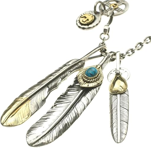 Amazon Over Rag メンズ ネックレス ペンダント トリプルフェザーシルバー925ネックレス 金縄ターコイズ特大フェザー シルバー925素材 ネイティブ カスタム フェザーネックレス 925 特大フェザー 燻し アズキチェーン 復刻ゴローズ Goro S 先金特大フェザー ハート