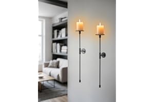 Sziqiqi Wall Candle Holder Black: Metal Candle Sconces for Pillar Candlestick Modern Wall Mount Candleholders Set of 2 - Long Candlestick Sconce Decor for Living Room Bedroom Bathroom Fireplace