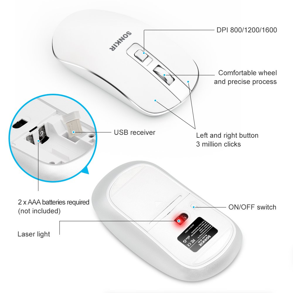 Wireless Keyboard Mouse, Sonkir K-18 2.4GHz Rechargeable Full Size Keyboard and Mouse Combo for Windows, Laptop, PC, Notebook (Silver)