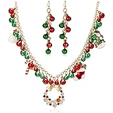 Roe Dolph Christmas Jewelry for Women Christmas Earrings Necklace Set Jingle Bell Red Green Beaded Xmas Neckalce Earrings Set Stocking Stuffers
