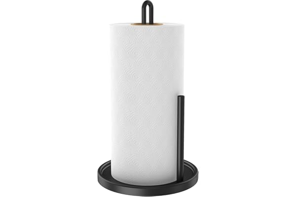 Paper Towel Holder Countertop, Freestanding Paper Towel Roll Holder with Weighted Base, Stainless Steel Standing Papertowel Holder for Kitchen, Matte Black