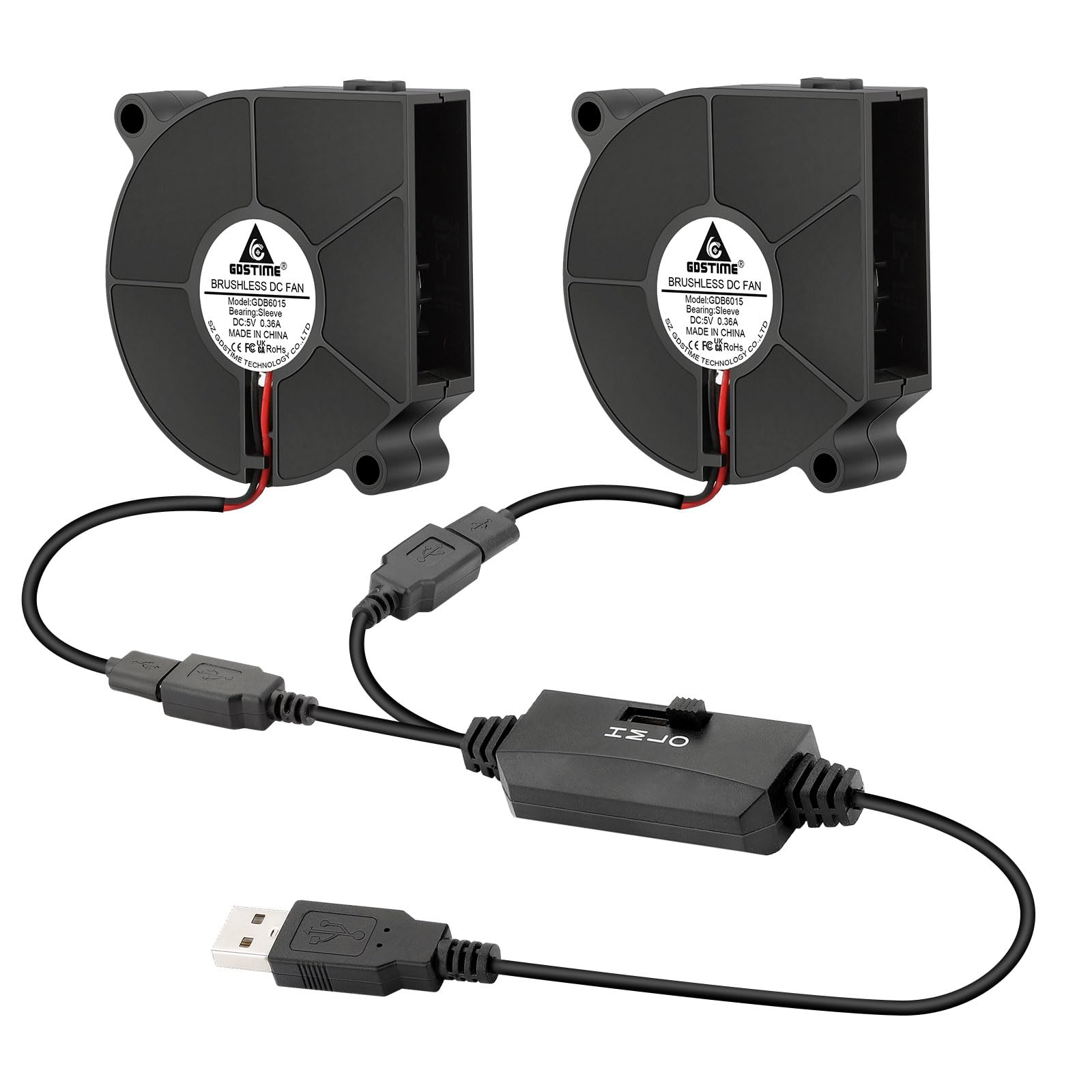 GDSTIME 2 x 60mm Blower Fan 60 x15mm USB Blower Cooling Case with 2 in 1 3-Speed Controller 5V 6015 Centrifugal 6CM Turbo Case Cooler For 3D Printer Inverter Exhaust Ventilation Replacement