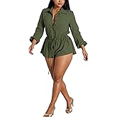 Unybwonn Women's Cargo Rompers Long Sleeve One Piece Bubble Short Jumpsuit Casual Ruched Drawstring Overalls Romper