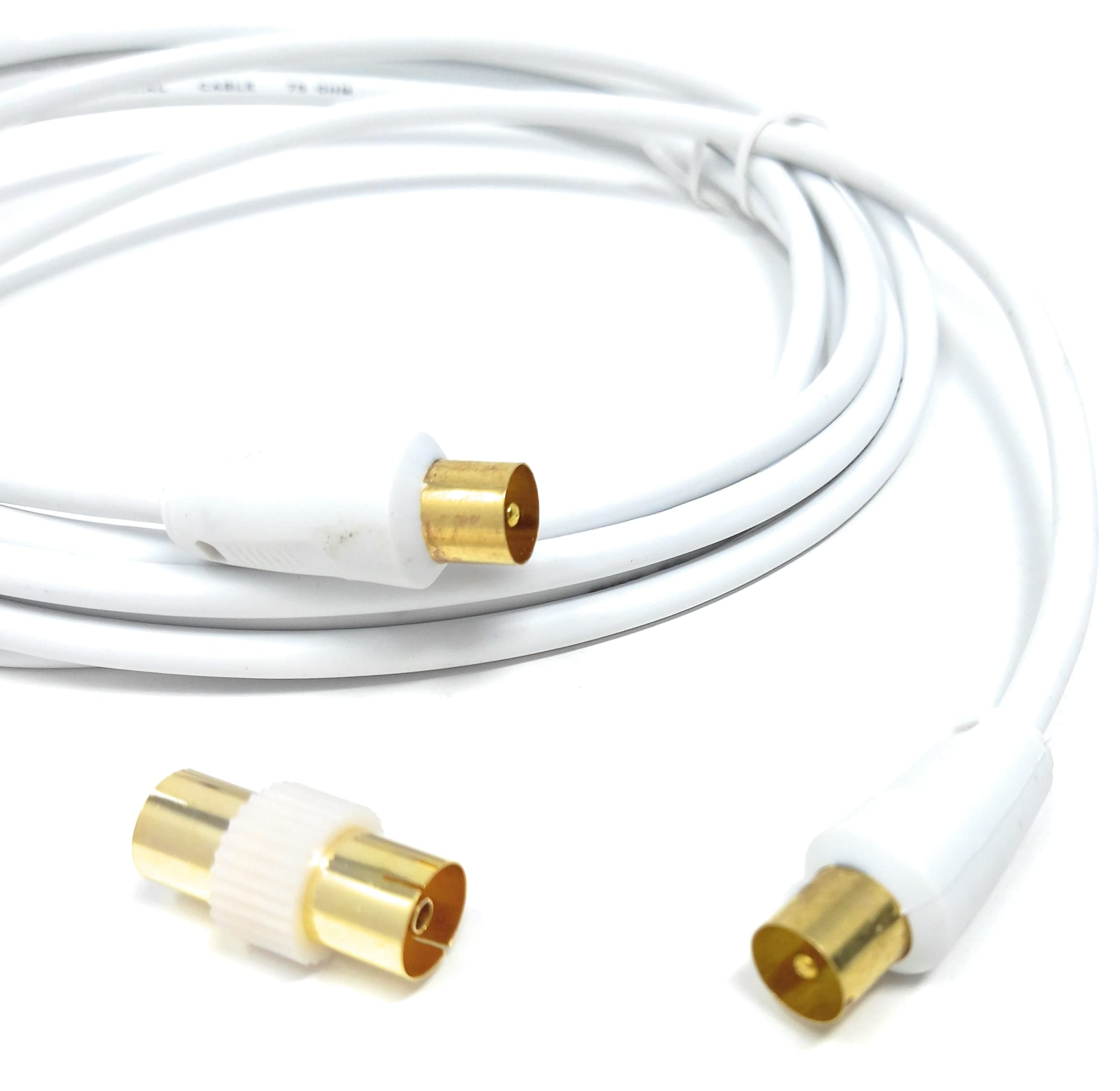 DRUT 3m TV RF Male to Male Aerial Antenna Coaxial Cable With Female to Female Coupler, Gold Connectors 75 ohm, 3C2V 10ft White