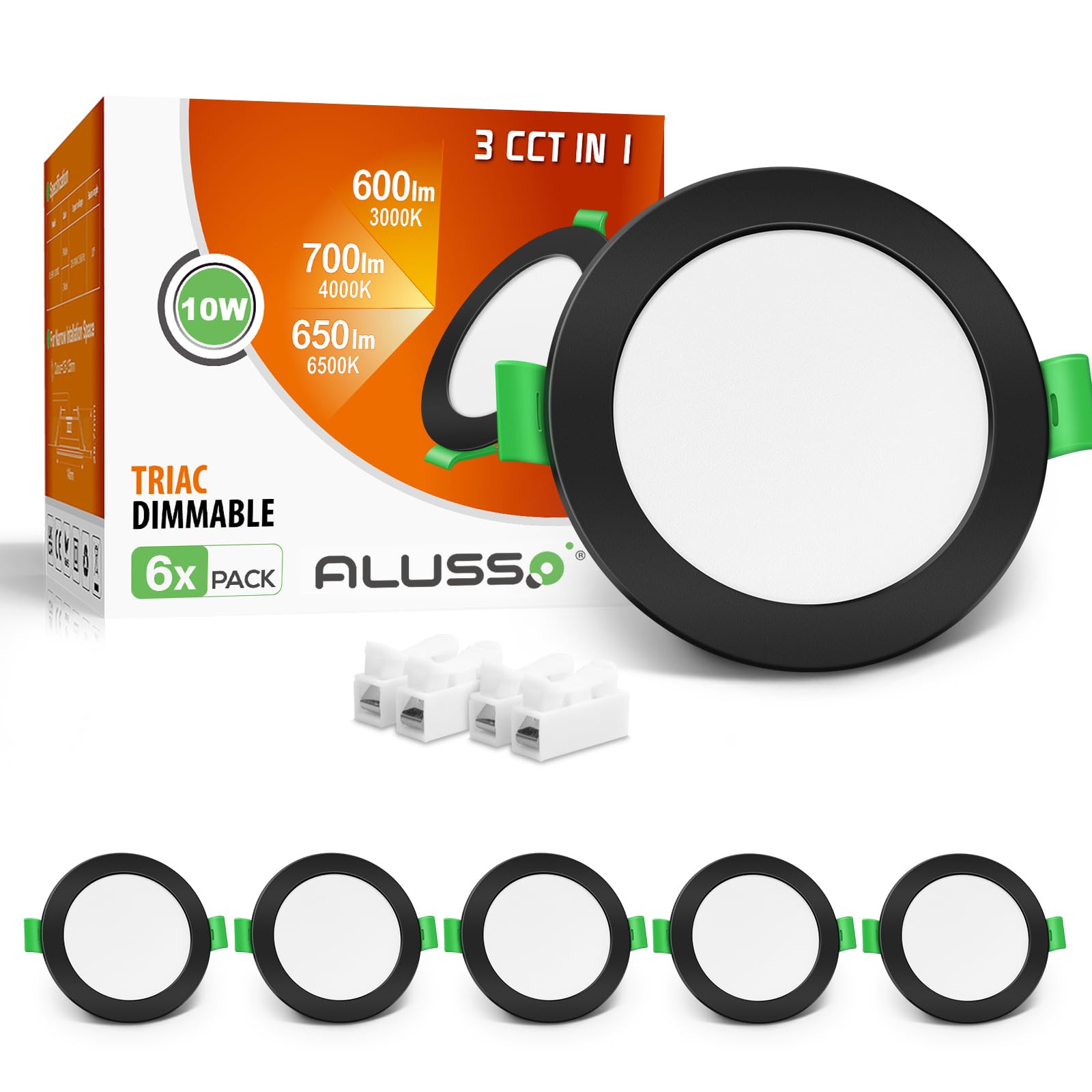 ALUSSO Ultra Slim 10W Dimmable LED Downlights, 700LM Recessed Ceiling Lights, 3000K-6500K Adjustable, 30MM Height Black for Bathroom, IP44 Spotlights, 6 Pack — image 1
