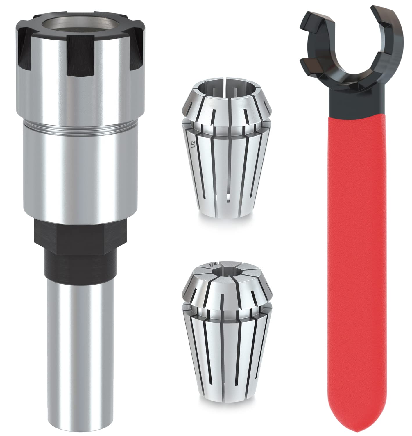 Photo 1 of 1/2 Inch Shank Router Bit Collet Extension Chuck Converter Adapter, Convert 1/2-Inch & 1/4-Inch Shank Bits with ER20 Spring Collet, ER20 M Type Collet Chuck Wrench Spanner -(Pack of 4)