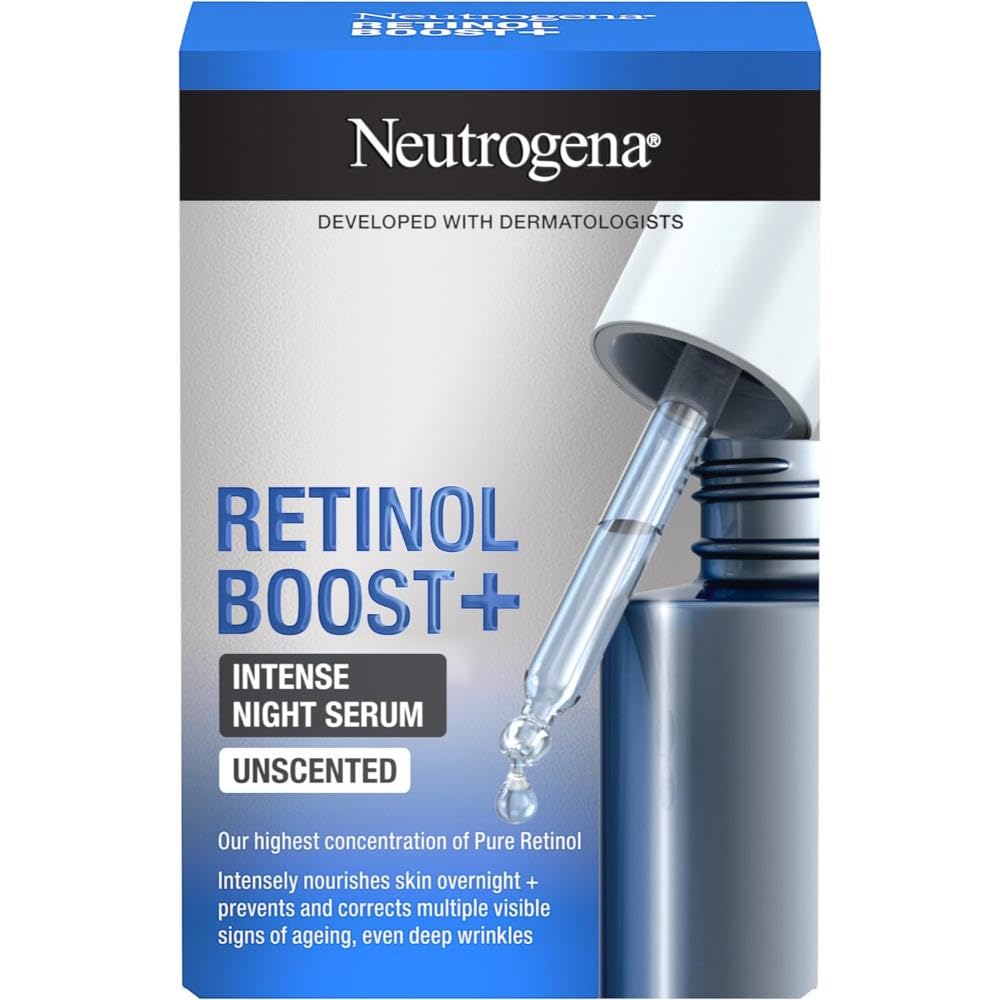 Neutrogena Retinol Boost+ Intense Night Serum (1 x 30ml), Unscented Retinol Serum For Face, Reduces Look of Deep Wrinkles, For Firmer, Younger-Looking Skin