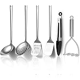 Kyraton Stainless Steel Kitchen Utensils Set 6 Pieces, Cooking Utensil Set Include Metal Spatula Sets, Skimmer, Ladle, Tongs, Potato Masher, Dishwasher Safe