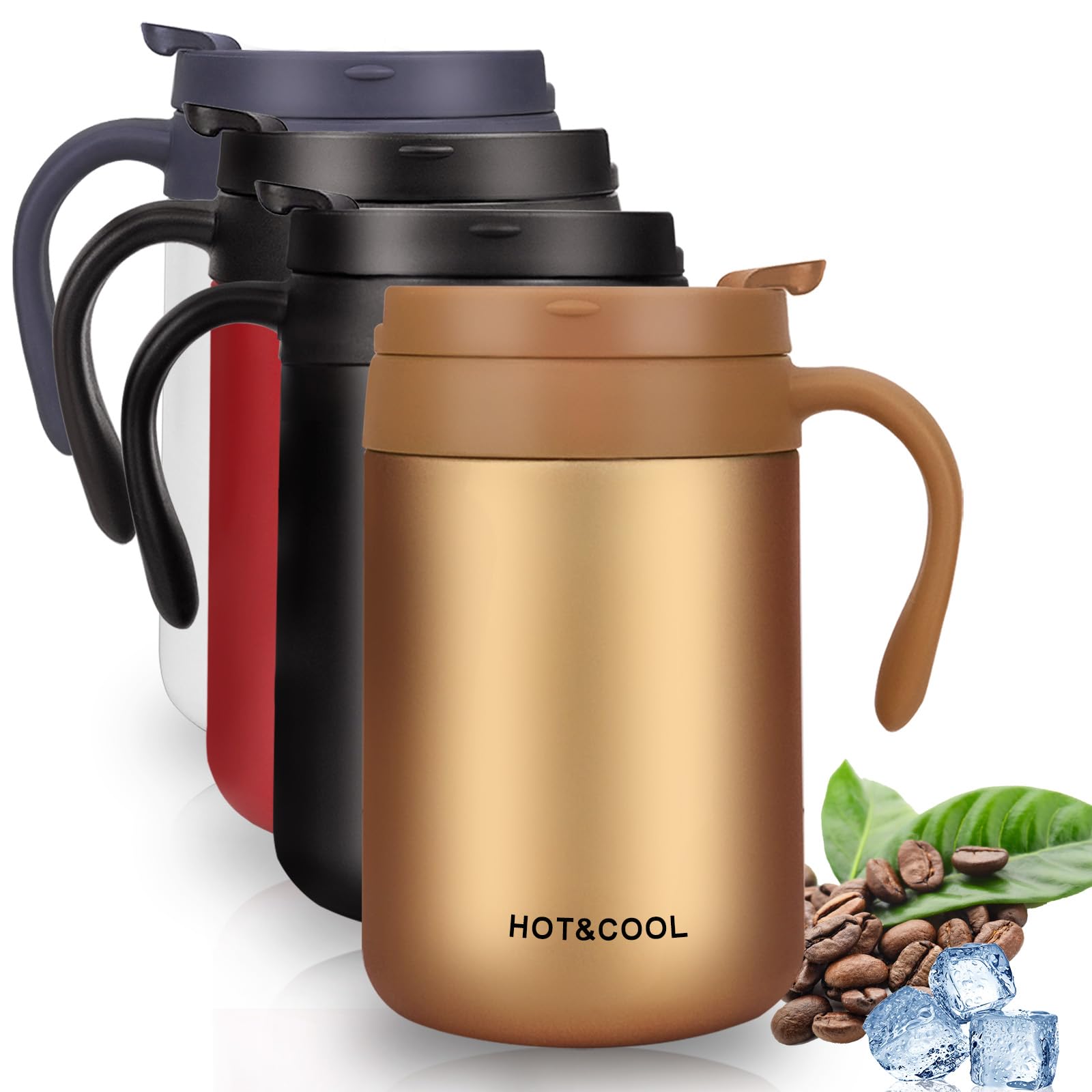 BEIJIE Coffee Cup, 17oz/500ml Insulated Travel Mug, Double Wall Vacuum Stainless Steel Mug with Lid and Handle, Portable Reusable Thermal Water Bottle for Hot Cold Tea (Gold)