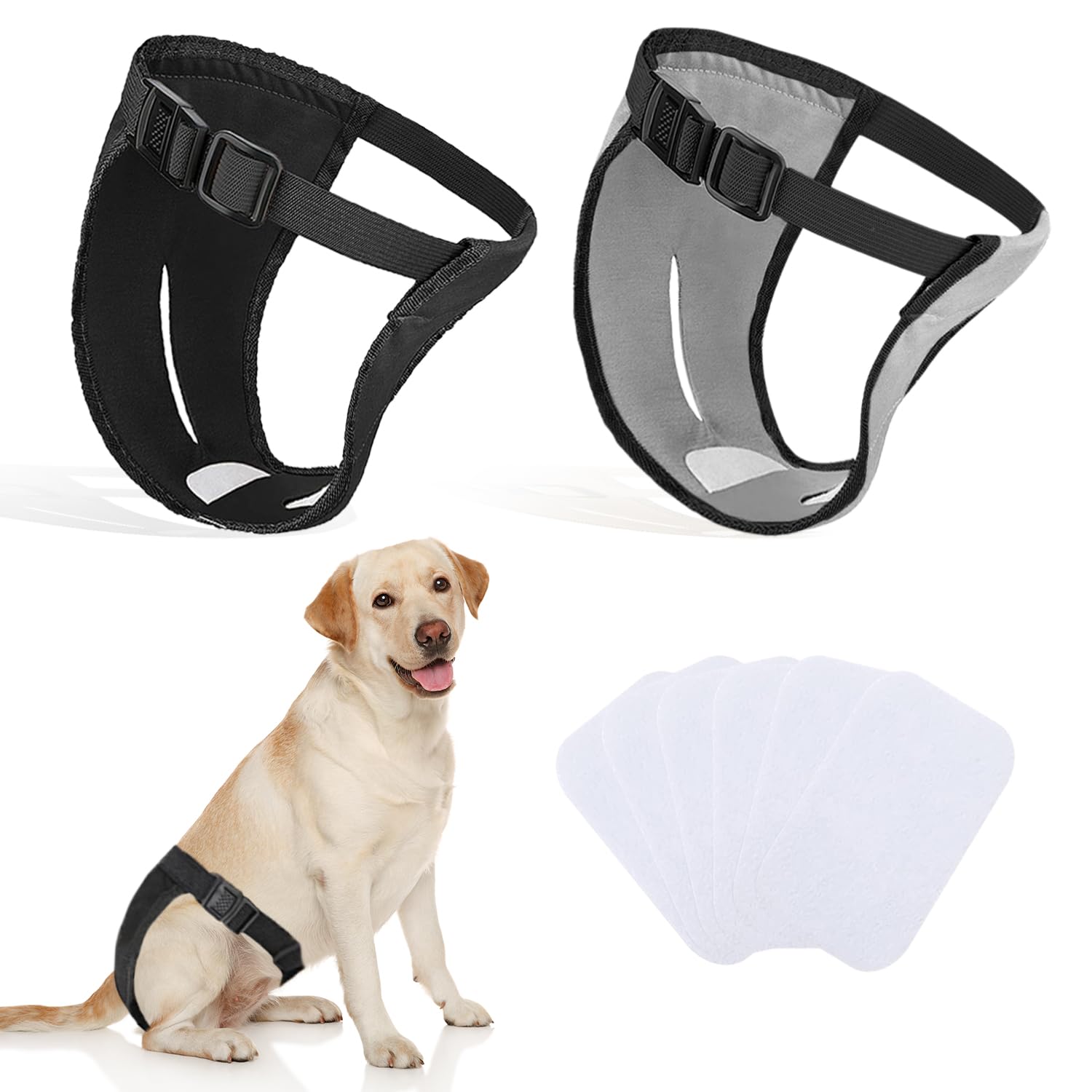 INSPUTOL 2 Pack Dog Pants, Dog Nappies with 6 Sanitary Pad Adjustable Protective Trousers for Female Dogs in Heat Monthly Bleeding Reusable Washable Doggy Sanitary Hygiene Pants(L-black&grey)