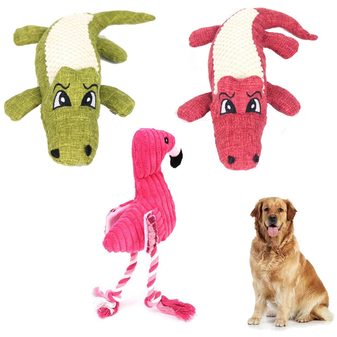 Pet Toy Simulation Crocodile Sounding Dog Resistant Bite Cleaning Teeth Plush Molars Pulling Vocal Flamingo Puzzle Dog Toy 3 Packs (Set A)